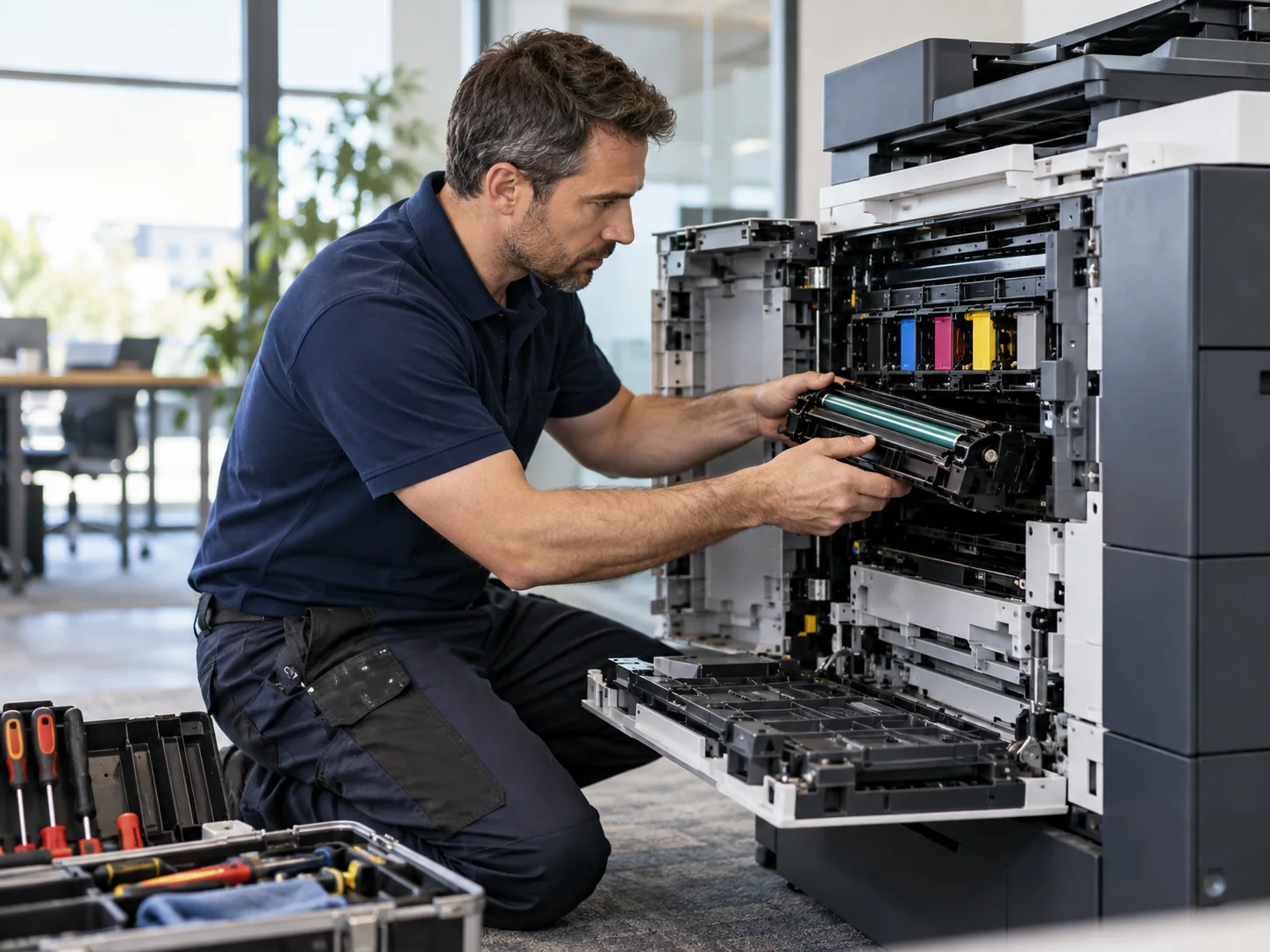 Tecnico durante la manutenzione di una multifunzione professionale